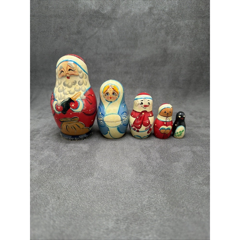 Russian Matryoshka Wooden Nesting Dolls Santa Mrs Claus Snowman Set Of 5